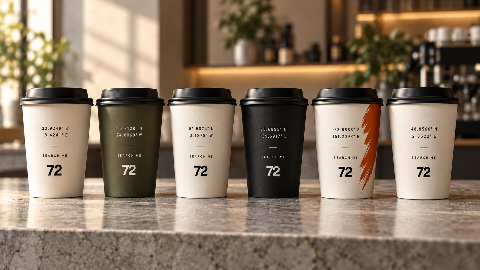 Six 72 coffee cups printed with coordinates and Search Me.